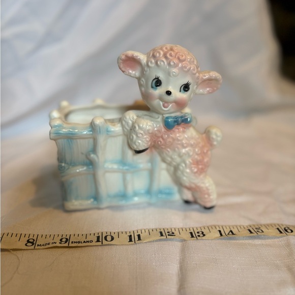 Vintage Lamb Planter with Blue Bow - Picture 2 of 10